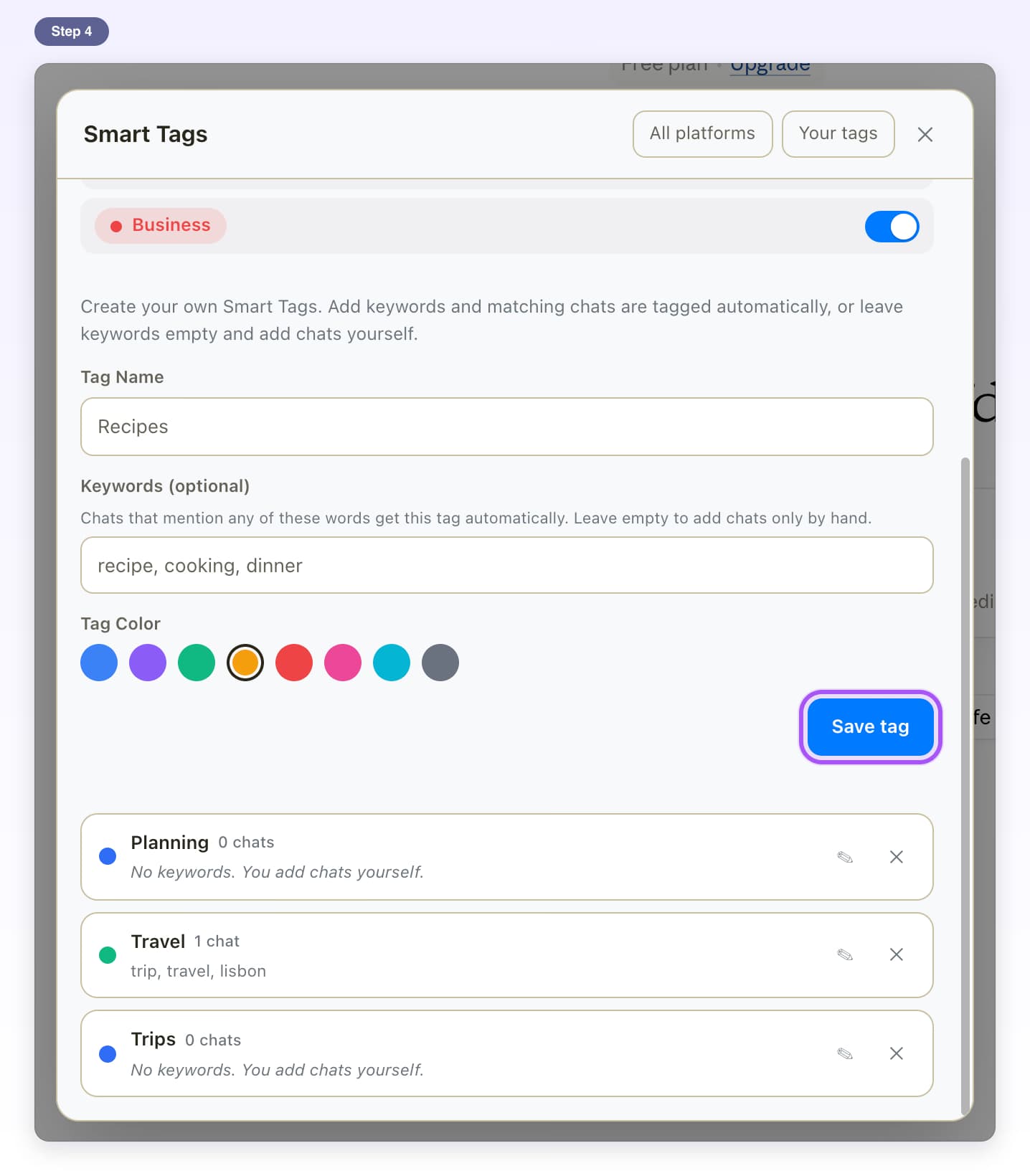 Your tags form filled in with the name Recipes and keywords, Save tag highlighted, and your tags listed below
