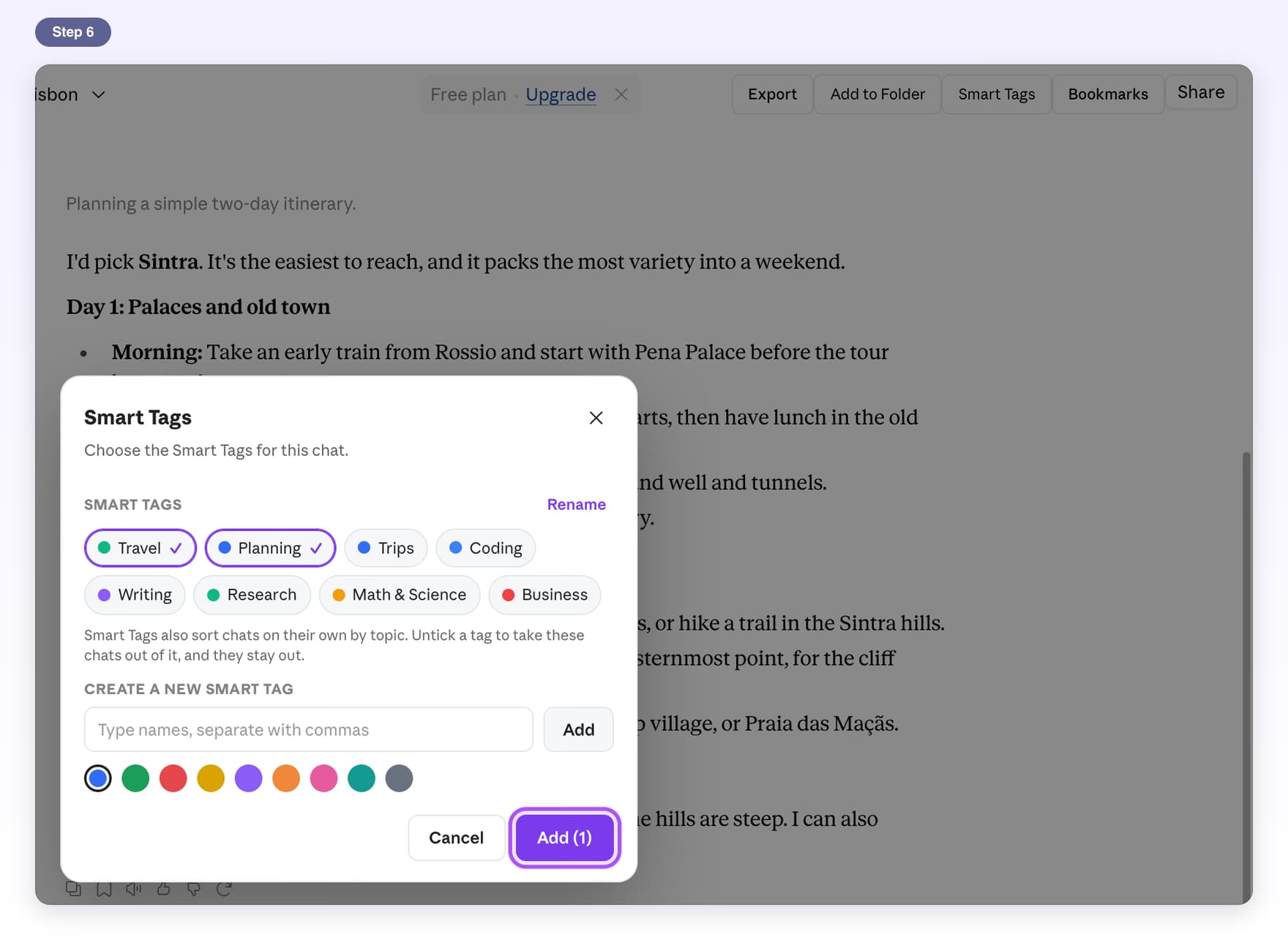 Smart Tags window for the open chat, opened from the header button, with Planning ticked and Add (1) highlighted