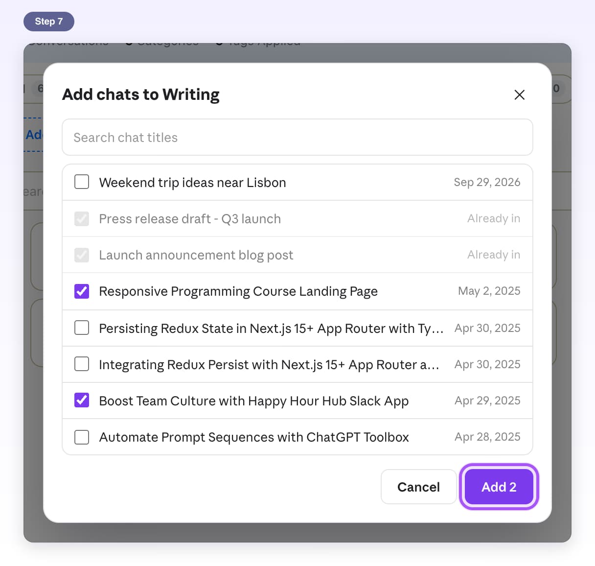 Add chats to Writing window with two chats ticked and the Add 2 button highlighted