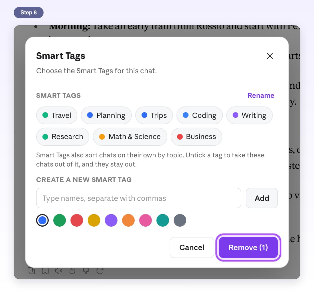 Smart Tags window for the open chat with Travel unticked and the Remove (1) button highlighted