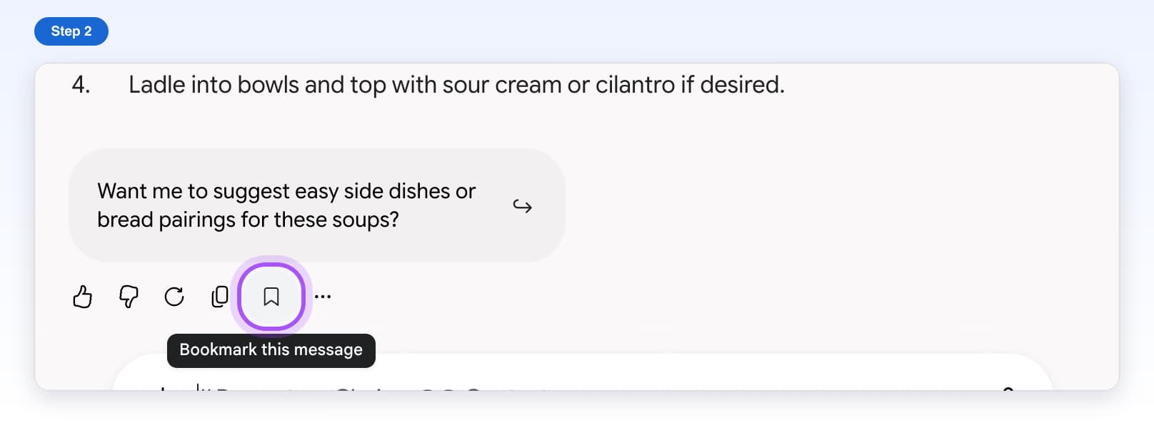 The bookmark button under a Gemini answer, highlighted, with the tip Bookmark this message
