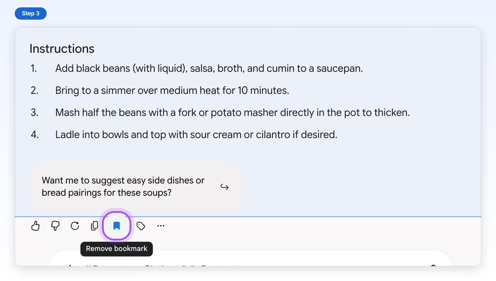 After clicking, the bookmark icon is filled, a tag button appears next to it and the answer is tinted