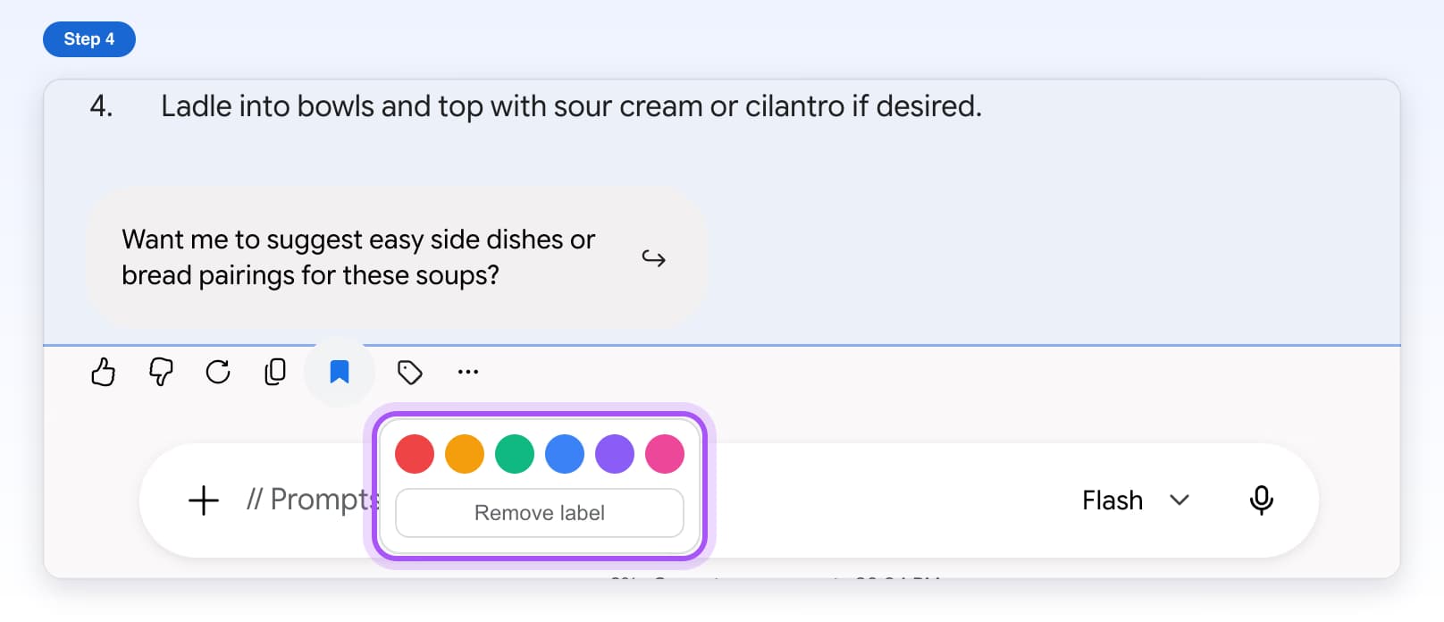 The label window with six color dots and a Remove label button, highlighted