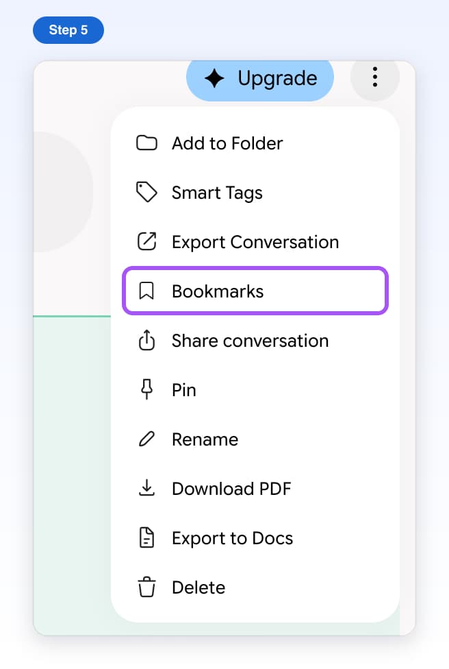 Gemini's three-dot menu at the top right, with Bookmarks highlighted