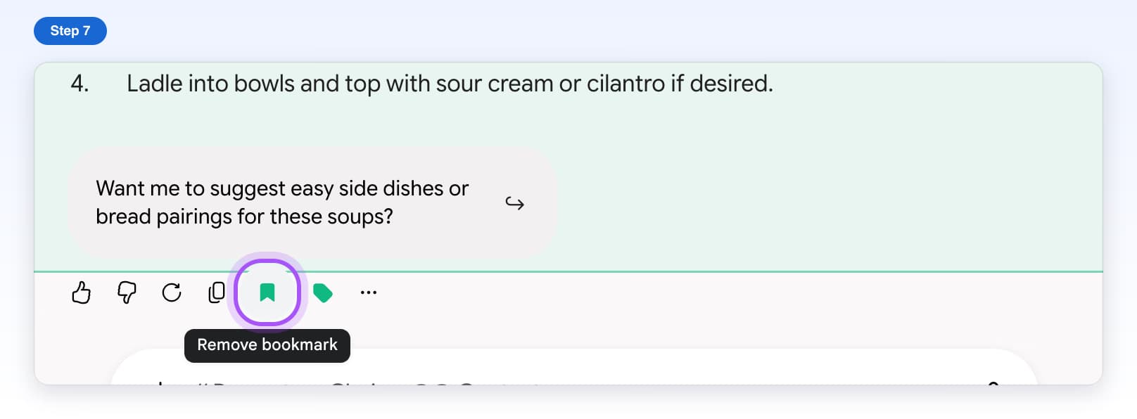 The filled bookmark icon under the answer, highlighted, with the tip Remove bookmark