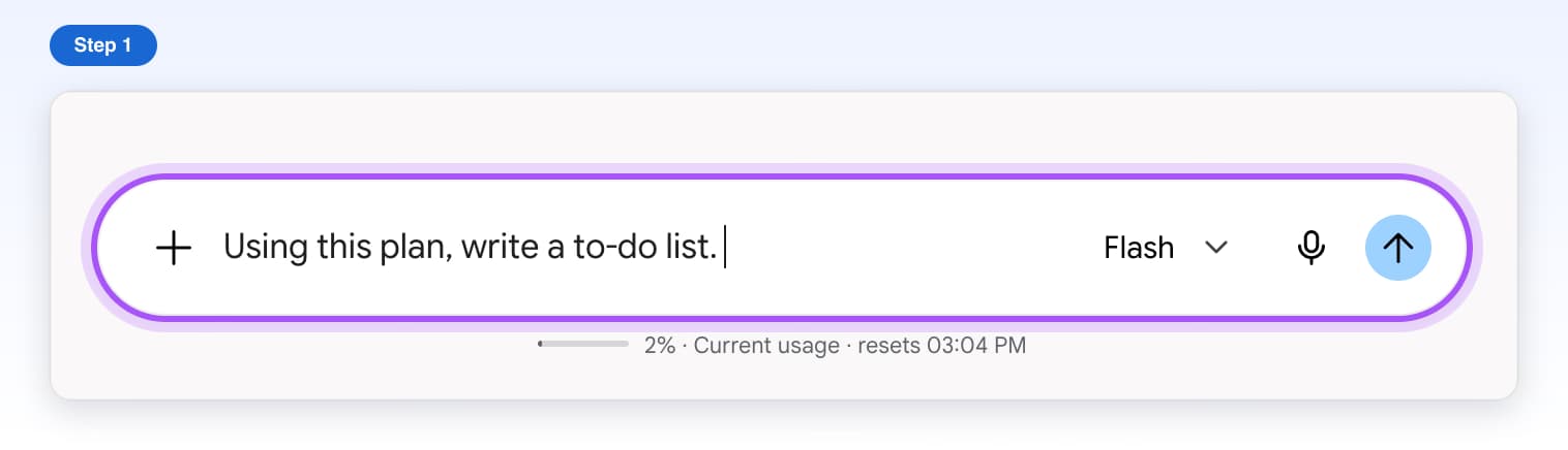 Gemini's message box highlighted, with Using this plan, write a to-do list. typed in it