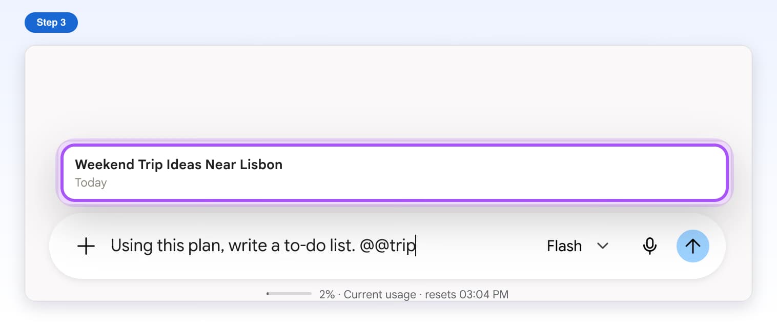 Typing @@trip narrows the list to Weekend Trip Ideas Near Lisbon, highlighted