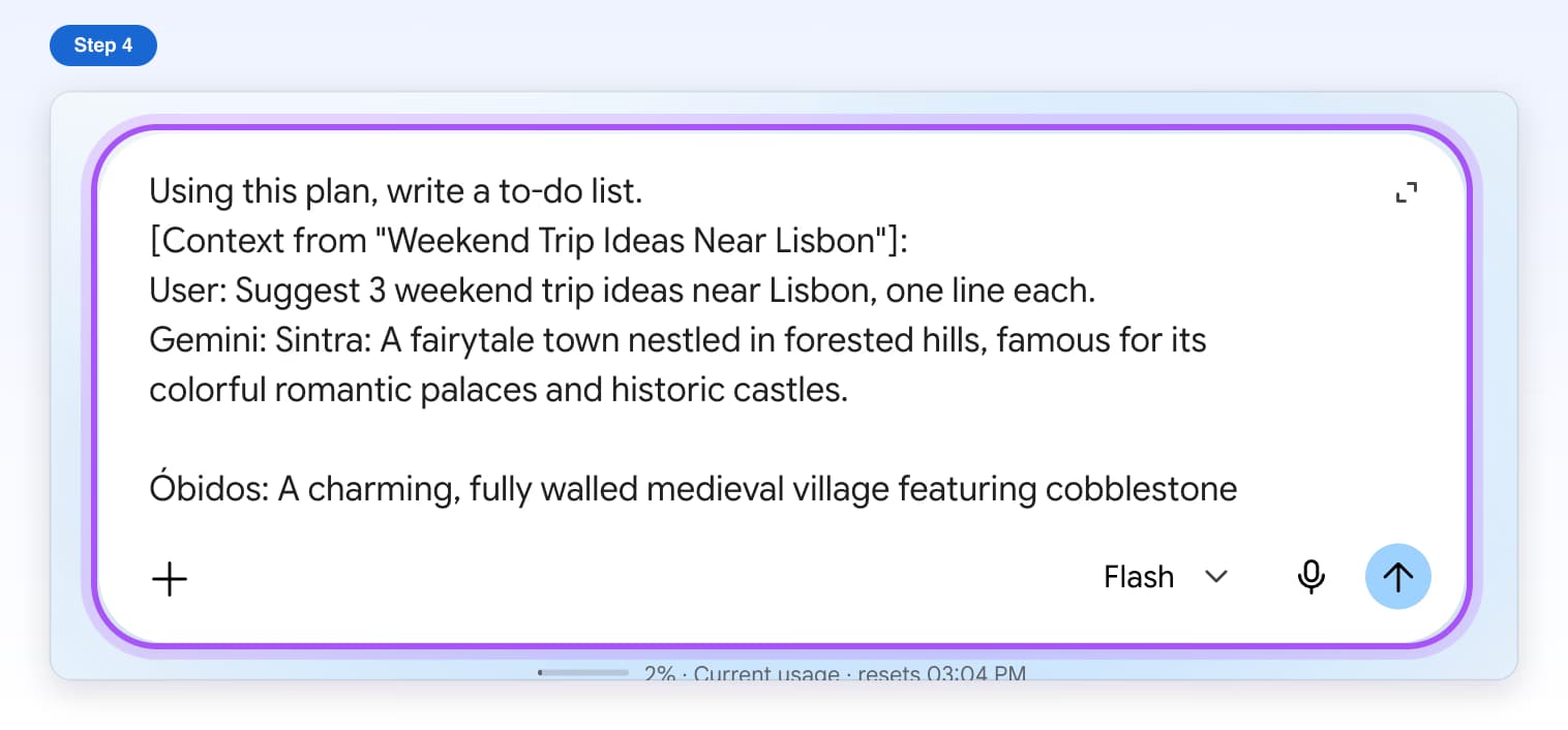 The picked chat added to Gemini's message box, starting with Context from Weekend Trip Ideas Near Lisbon
