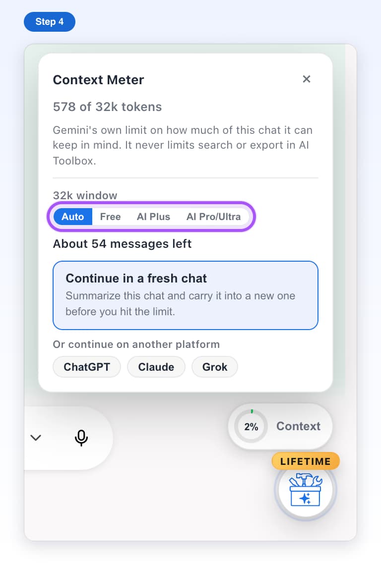 The Gemini plan buttons Auto, Free, AI Plus and AI Pro/Ultra highlighted in the Context Meter card