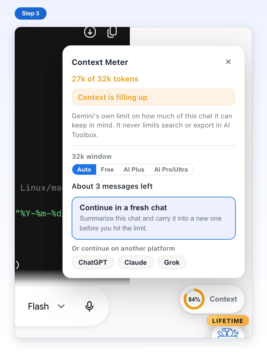 The Context ring in orange at 84% and the card saying Context is filling up, 27k of 32k tokens