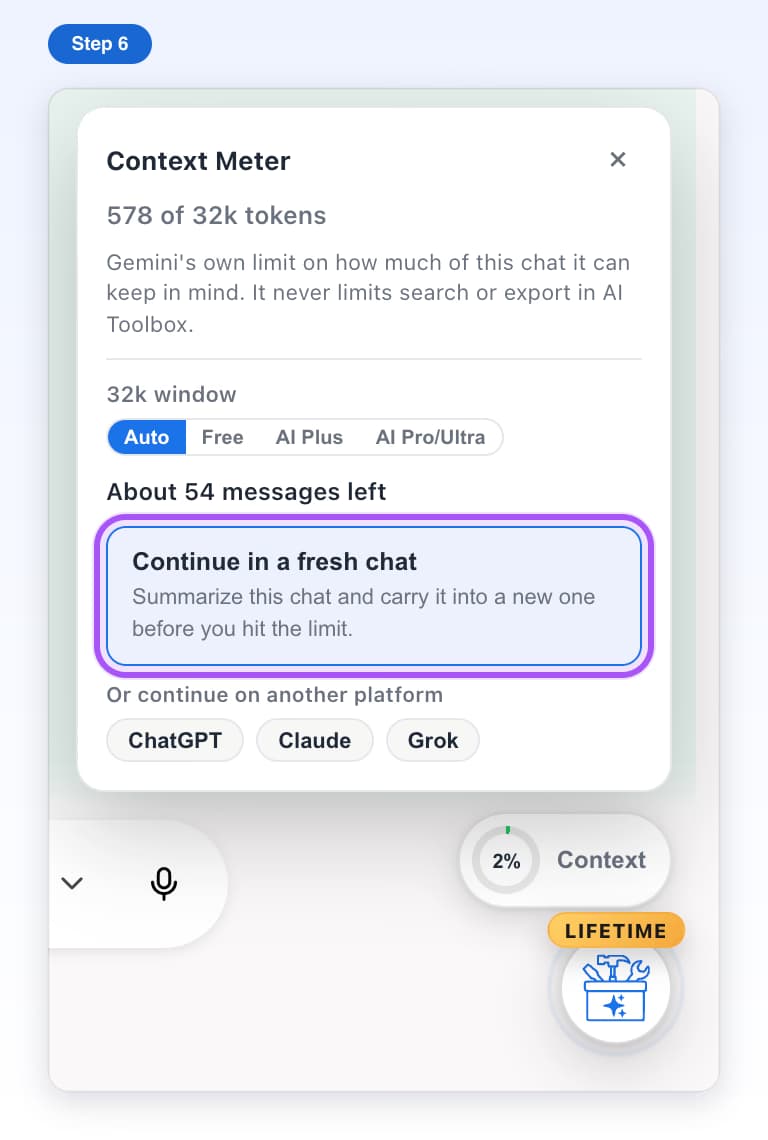 The Continue in a fresh chat button highlighted in the Context Meter card