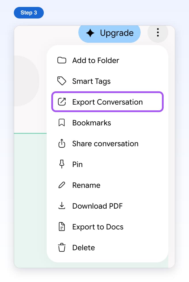 Gemini's chat menu with Export Conversation highlighted