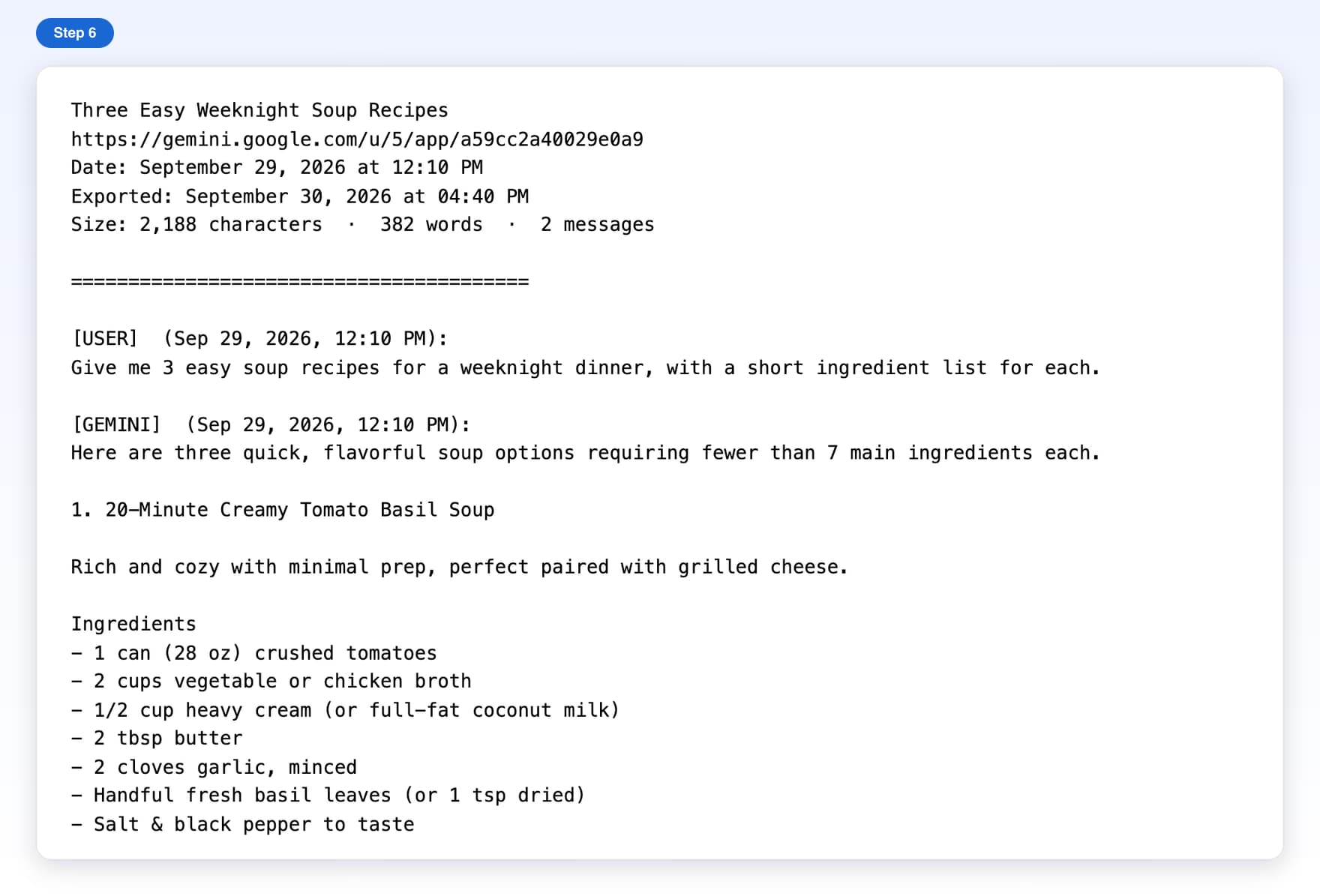 The exported .txt file opened: the chat title, dates and size, then [USER] and [GEMINI] messages