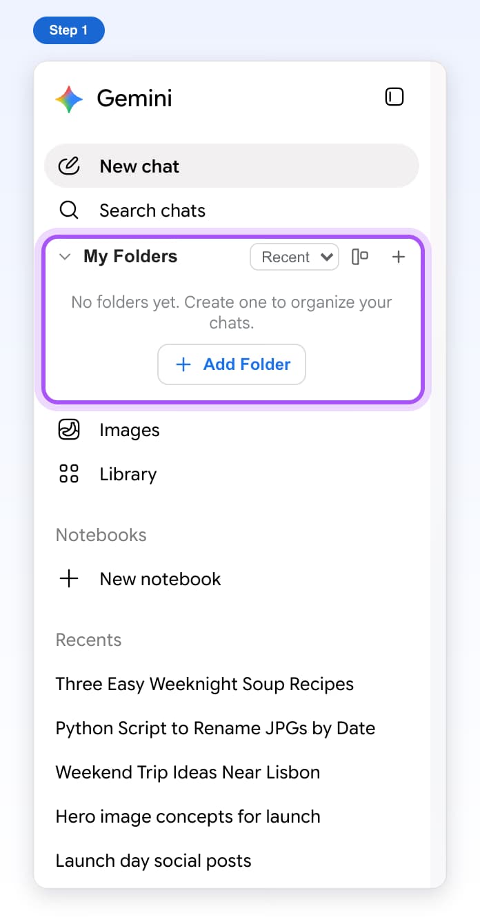 My Folders on the left side of Gemini, under Search chats, highlighted