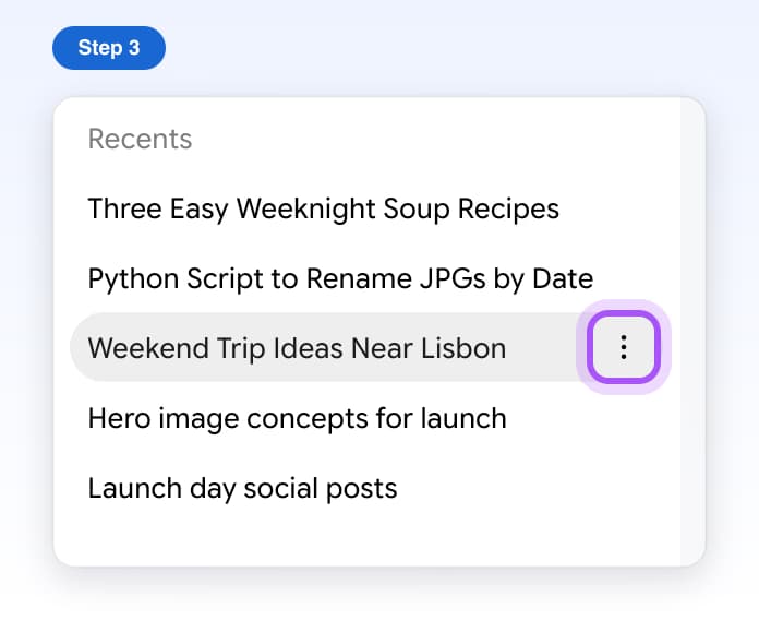 The three dots next to a chat in Gemini's list on the left, highlighted