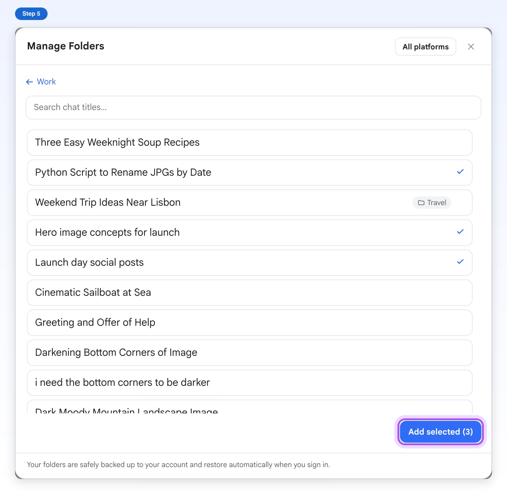 The Add Chats window with three chats checked and the Add selected (3) button highlighted