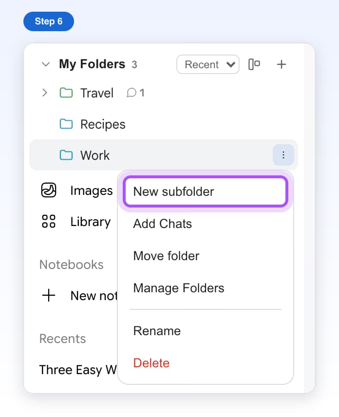 The Work folder's menu open with New subfolder highlighted