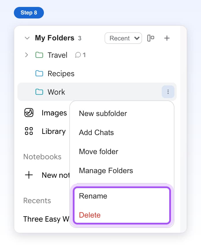 The Work folder's menu open with Rename and Delete highlighted