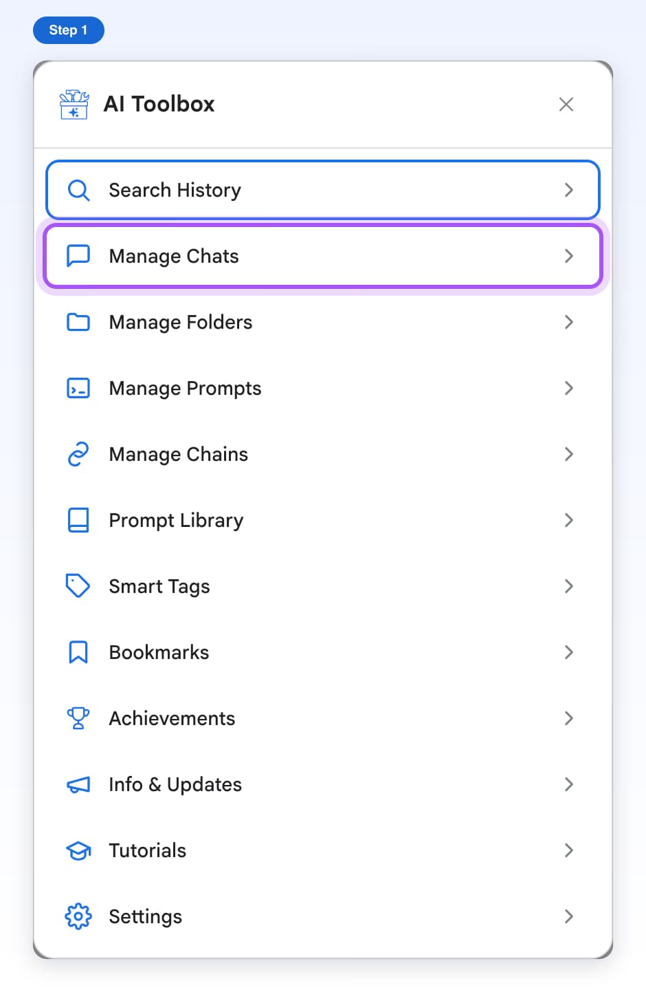 The AI Toolbox window on Gemini with its list of features and the Manage Chats row highlighted