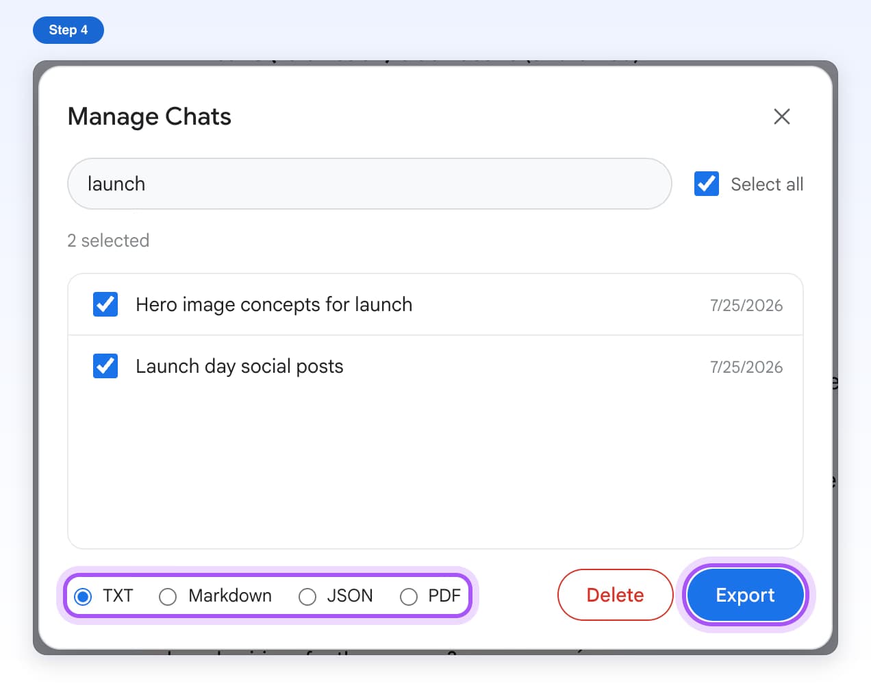 The export format choices TXT, Markdown, JSON and PDF and the Export button, highlighted