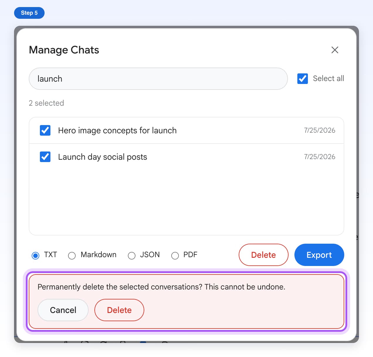The warning Permanently delete the selected conversations? This cannot be undone. with Cancel and Delete