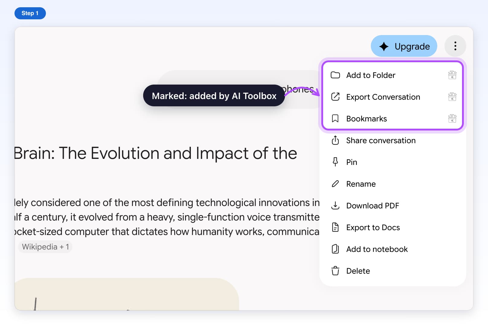 Gemini's menu at the top right of a chat with the three marked AI Toolbox items highlighted above Gemini's own