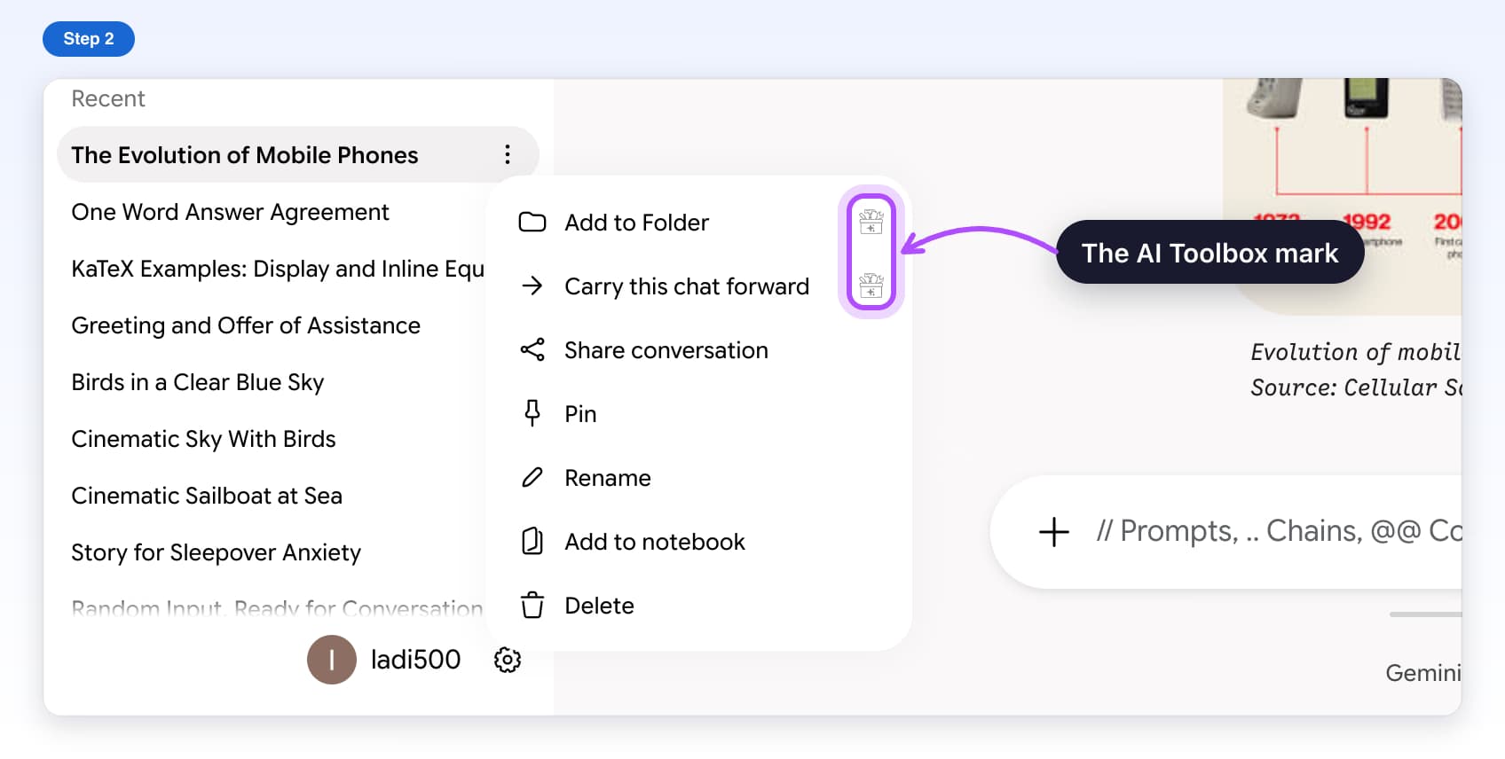 A Gemini chat's menu in the sidebar with the AI Toolbox mark highlighted on Add to Folder and Carry this chat forward