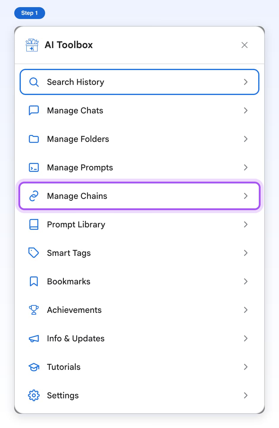 The AI Toolbox window on Gemini with its list of features and the Manage Chains row highlighted