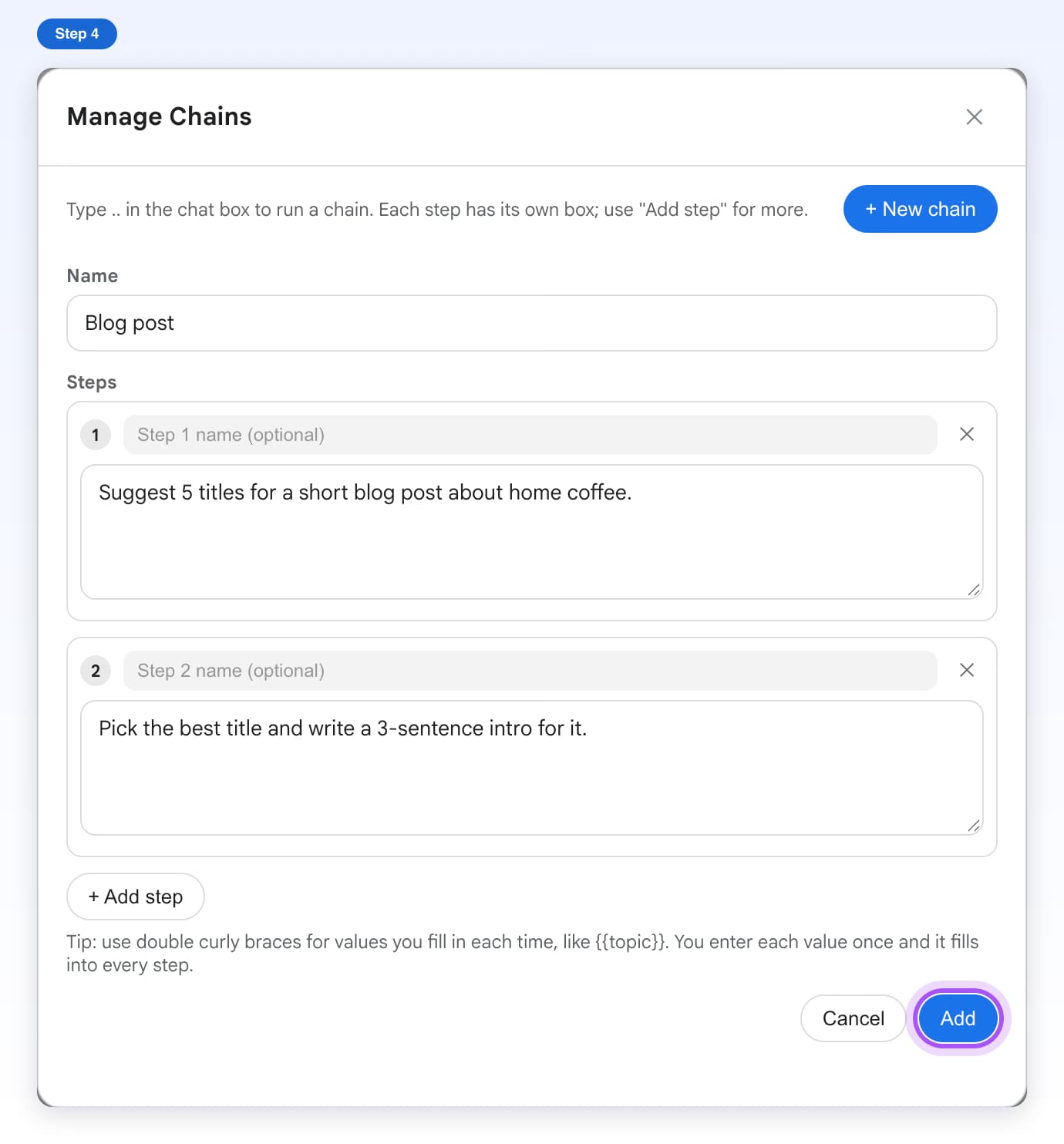 The finished Blog post chain form with the Add button highlighted
