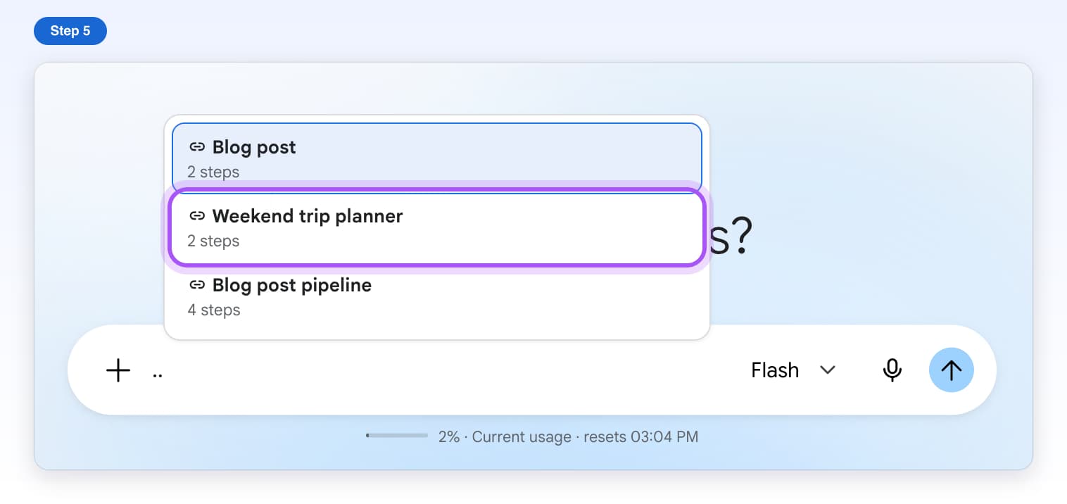 Gemini's message box with .. typed and the list of chains above it, Weekend trip planner highlighted