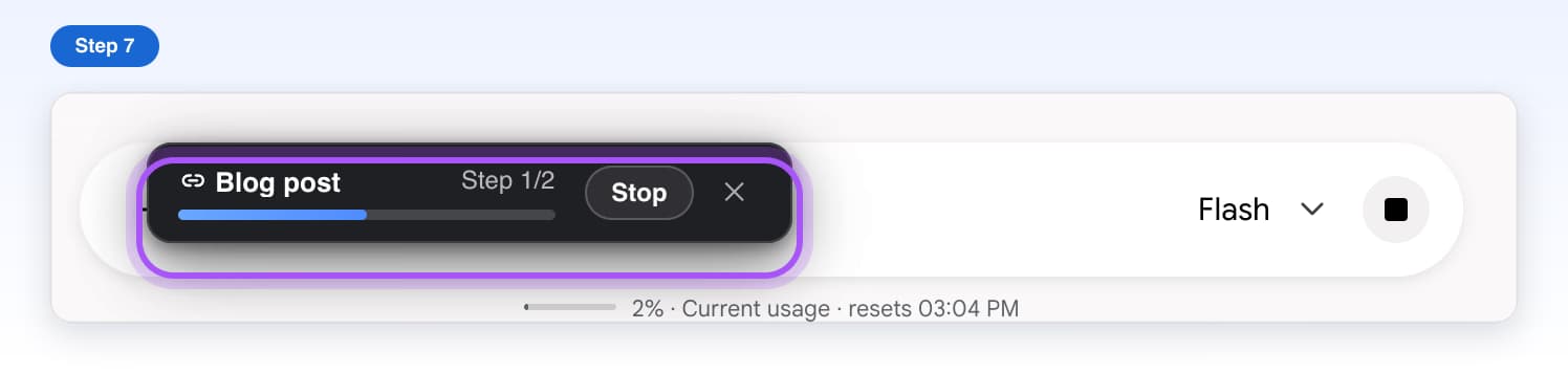 The chain progress bar near the message box showing Blog post, Step 1/2 and a Stop button