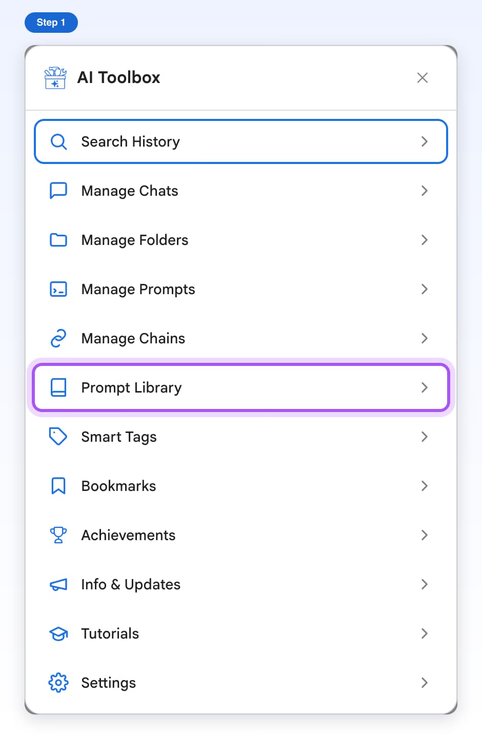 The AI Toolbox window on Gemini with its list of features and the Prompt Library row highlighted