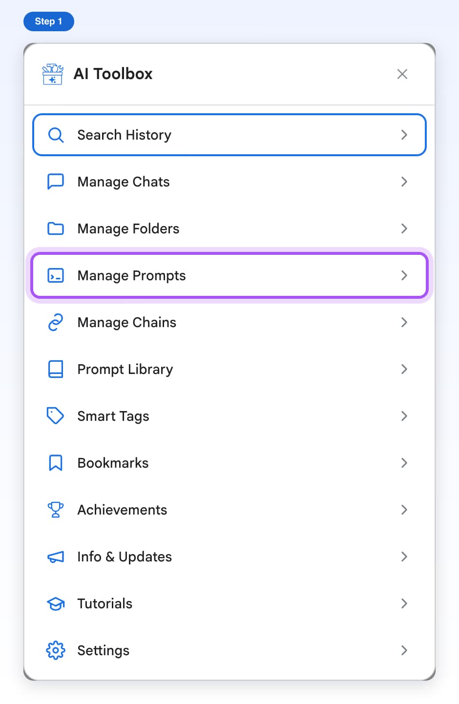 The AI Toolbox window on Gemini with its list of features and the Manage Prompts row highlighted