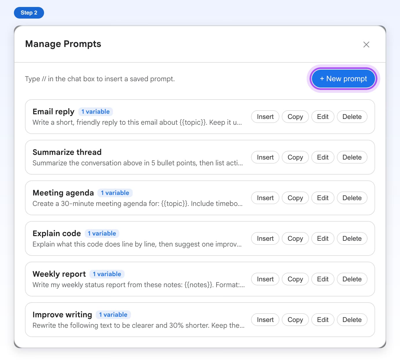 Manage Prompts on Gemini with your saved prompts listed and the + New prompt button highlighted