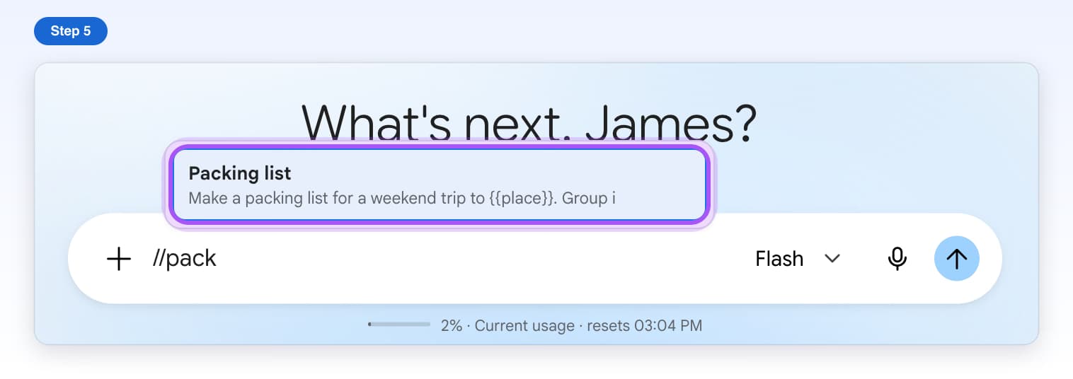 Typing //pack narrows the list to the Packing list prompt, highlighted