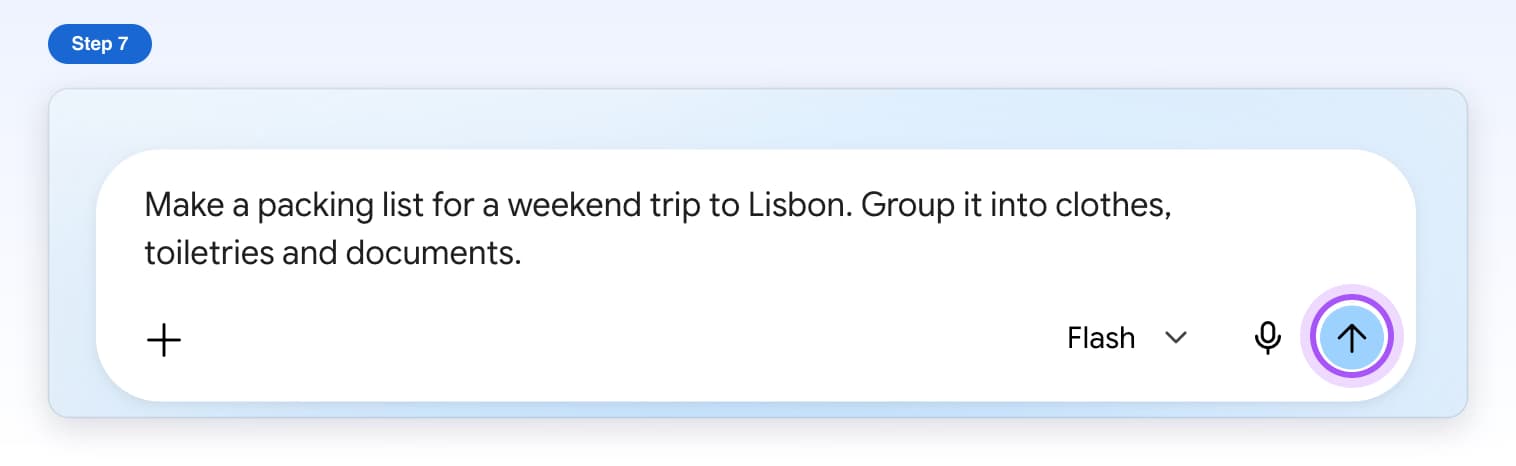 The filled-in prompt in Gemini's message box with the send button highlighted