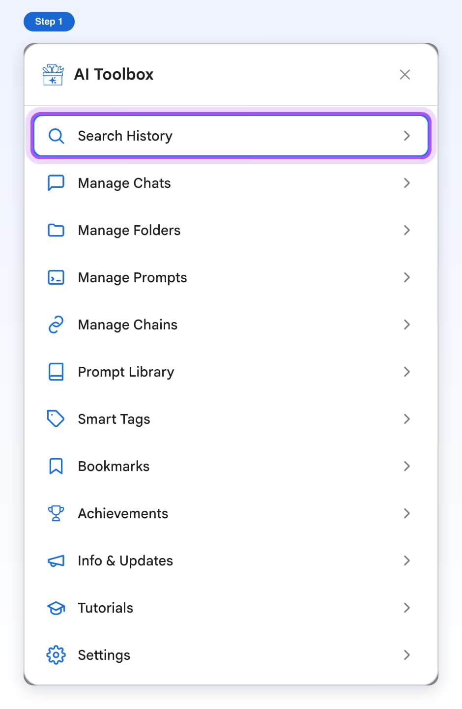 The AI Toolbox window on Gemini with its list of features and the Search History row highlighted