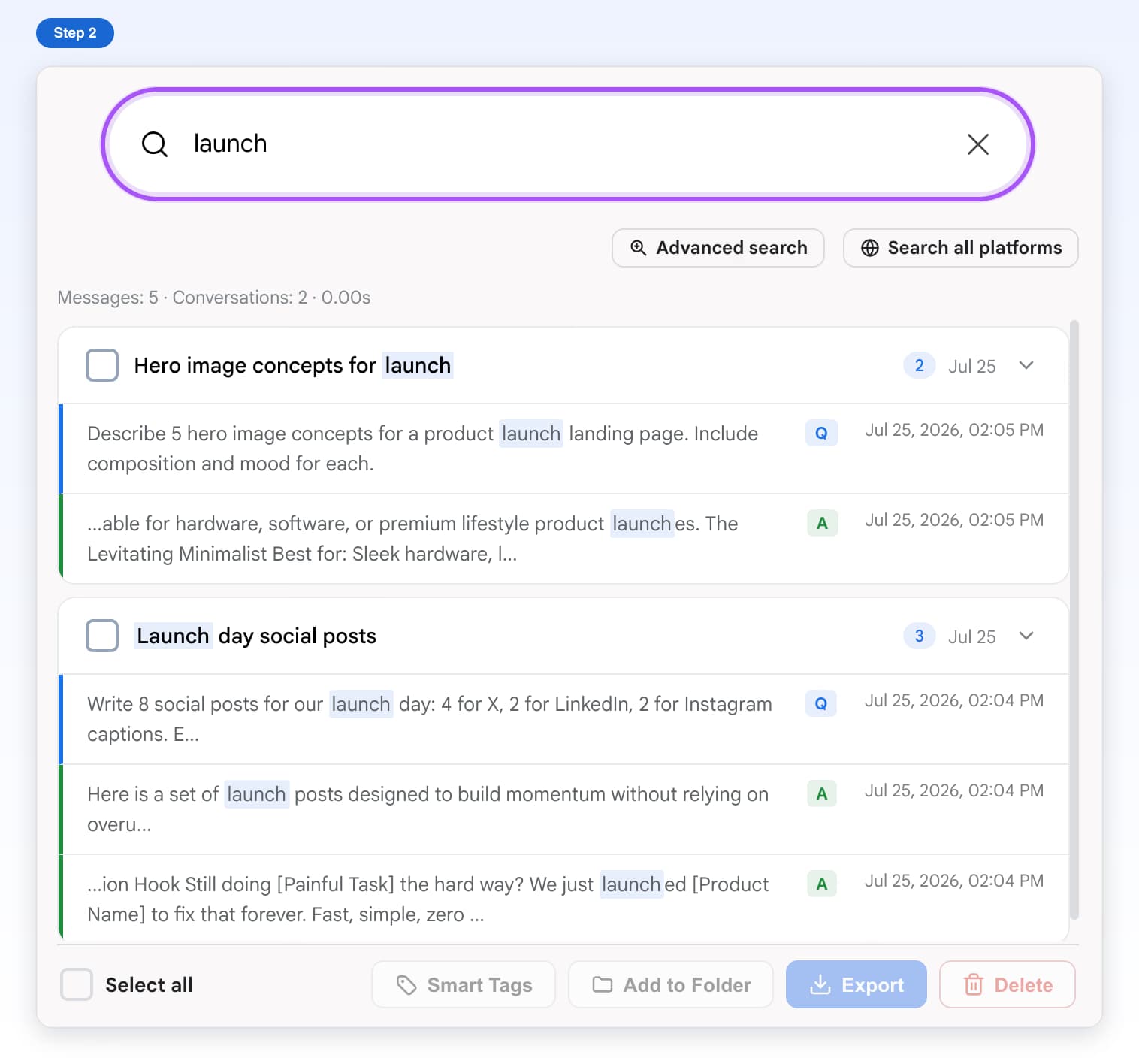 Gemini's search page with launch typed in the search box, highlighted, and matching results below