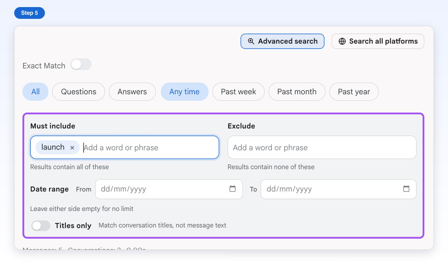 Advanced search opened, highlighted, with launch carried over into Must include and the extra filters shown