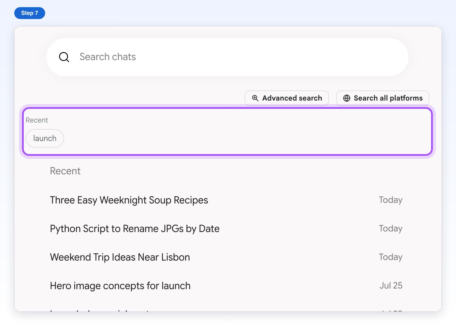 The search box emptied and your last search, launch, shown under Recent, highlighted