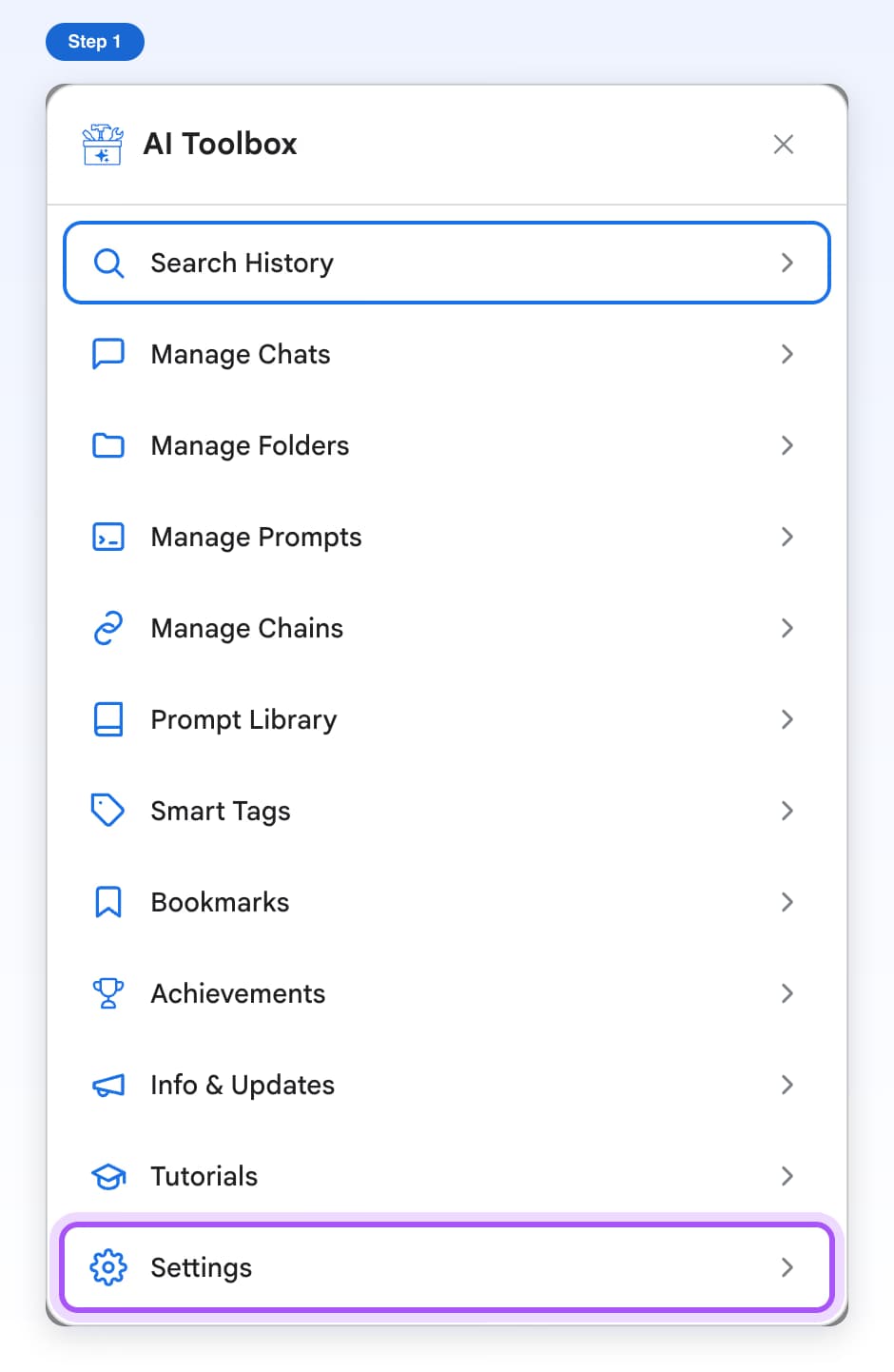 The AI Toolbox window on Gemini with its list of features and the Settings row highlighted