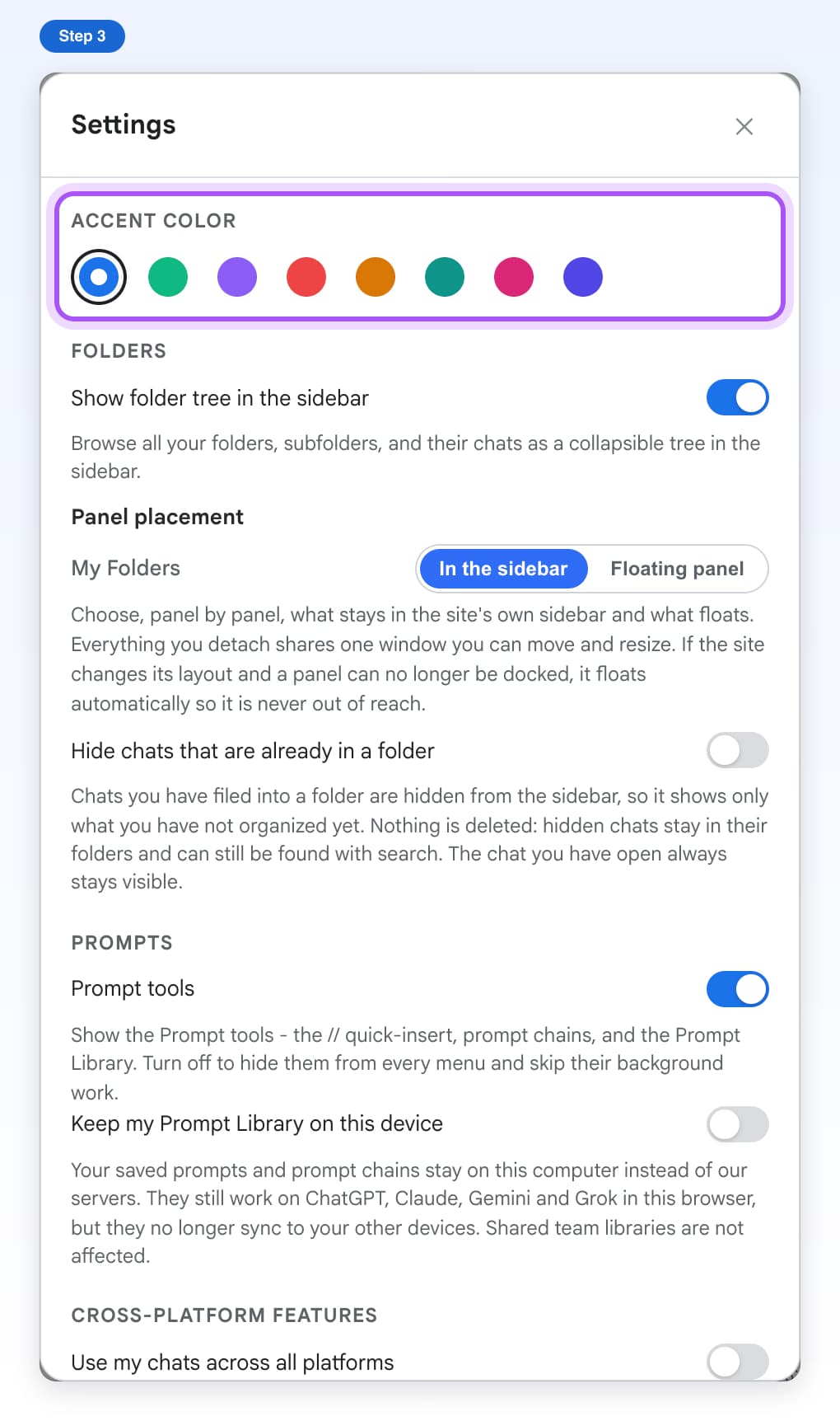 The Accent Color section in Settings with eight color circles, highlighted