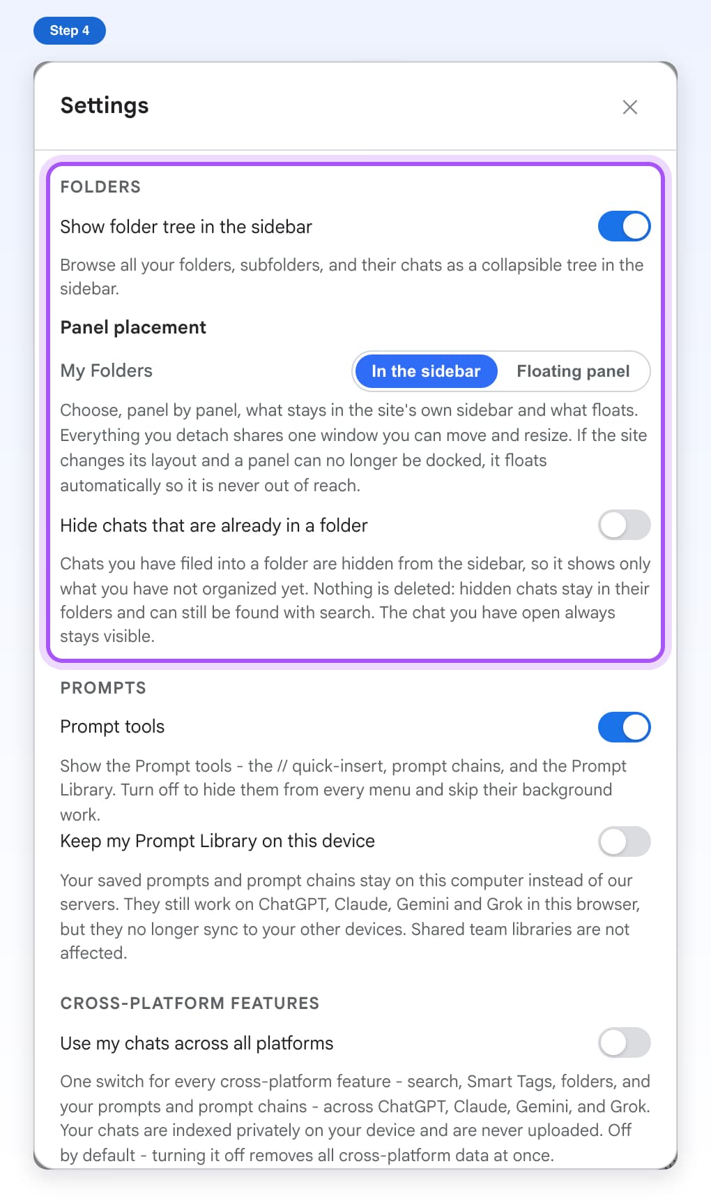 The Folders section in Settings: folder tree switch, Panel placement and Hide chats that are already in a folder