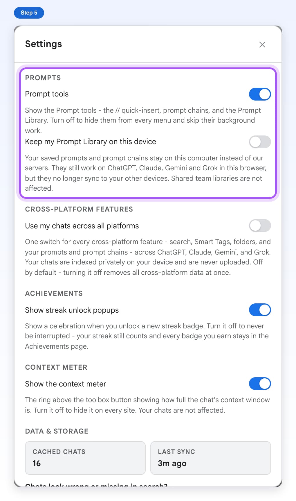 The Prompts section in Settings with Prompt tools and Keep my Prompt Library on this device