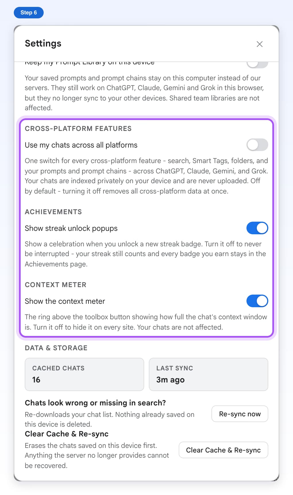 The Cross-platform features, Achievements and Context Meter sections in Settings, each with its switch