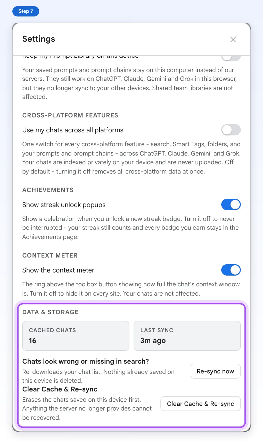 The Data and Storage section in Settings with Cached Chats, Last Sync, Re-sync now and Clear Cache and Re-sync