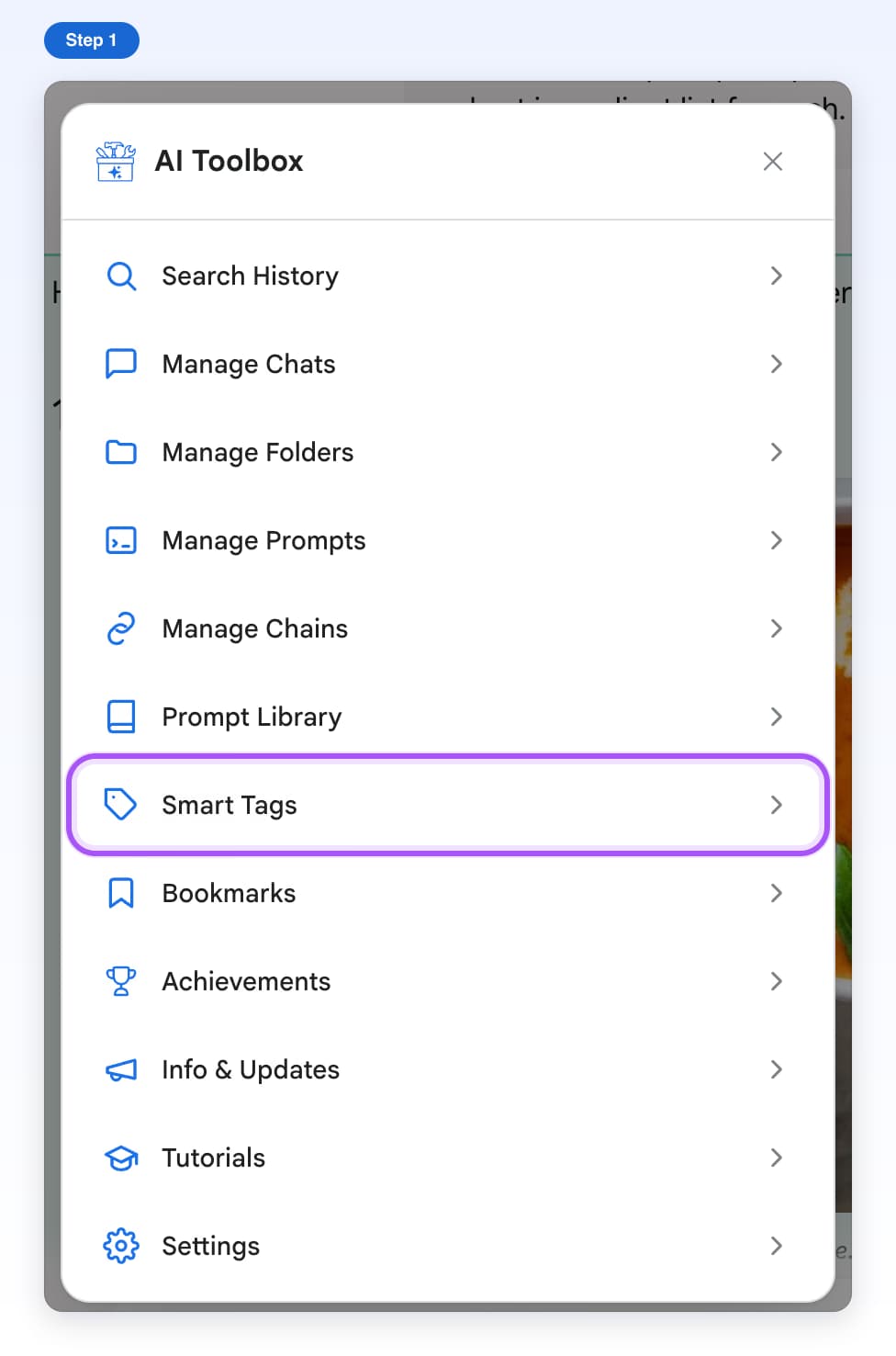 The AI Toolbox window on Gemini with its list of features and the Smart Tags row highlighted