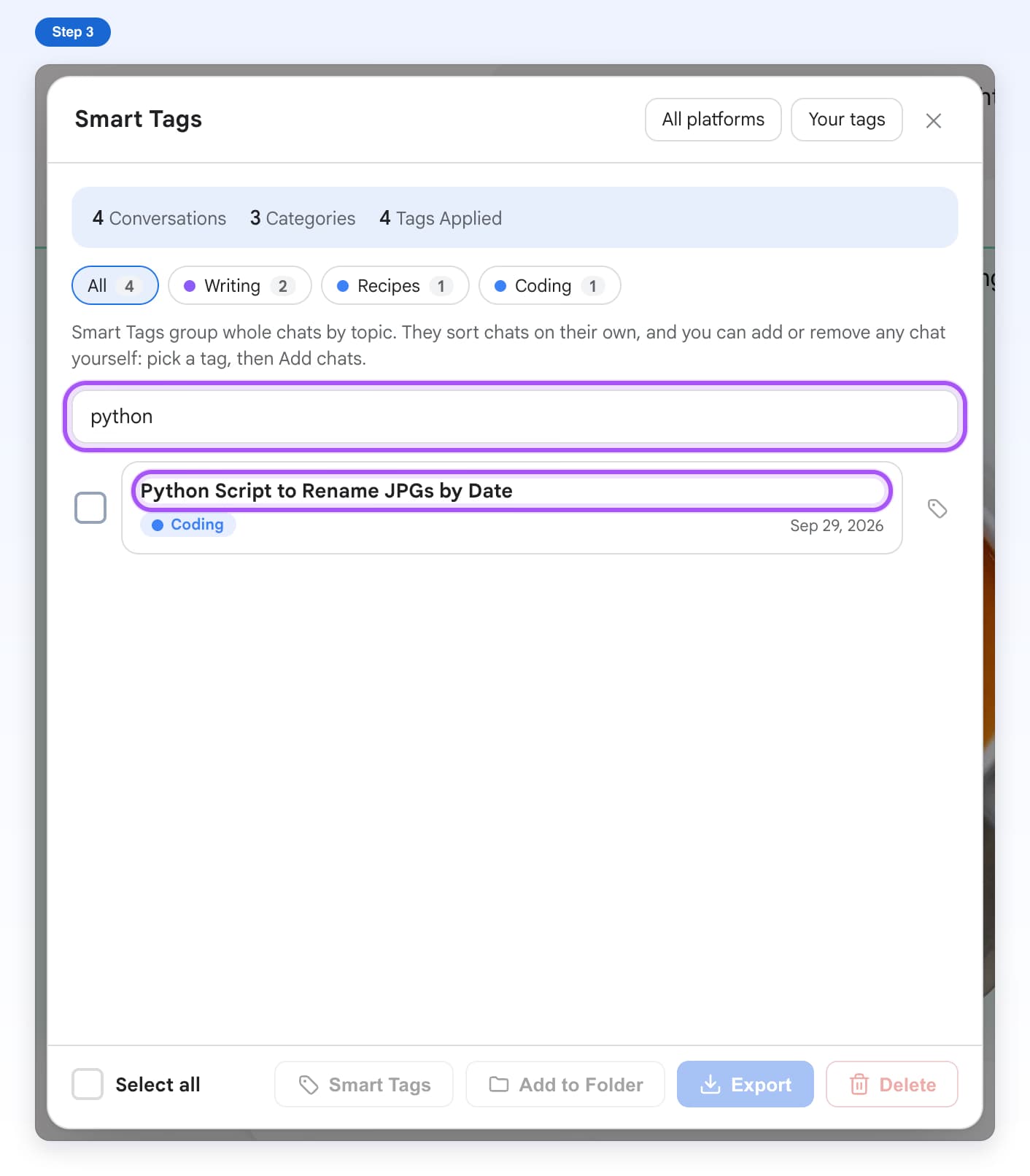 The Search chat titles box with python typed and the matching chat title highlighted