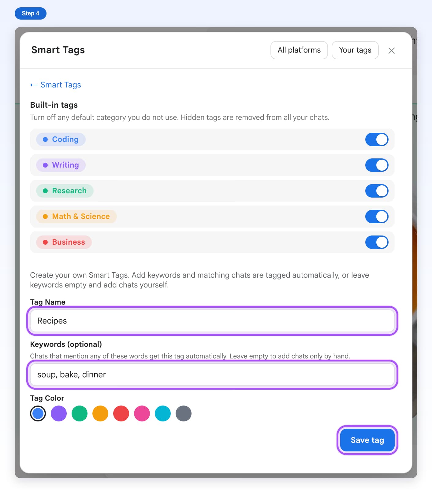 Your tags on Gemini with the tag name Recipes, keywords soup, bake, dinner, and the Save tag button highlighted