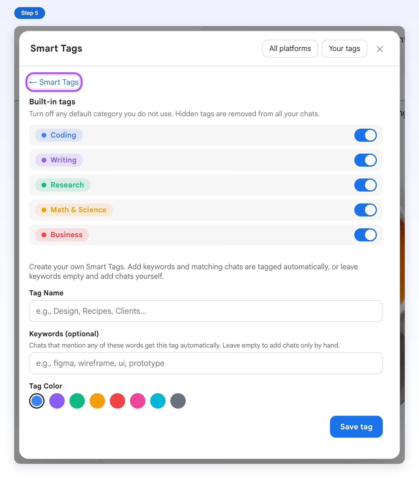 The Smart Tags button with the arrow, highlighted, at the top left of Your tags, after Tag saved